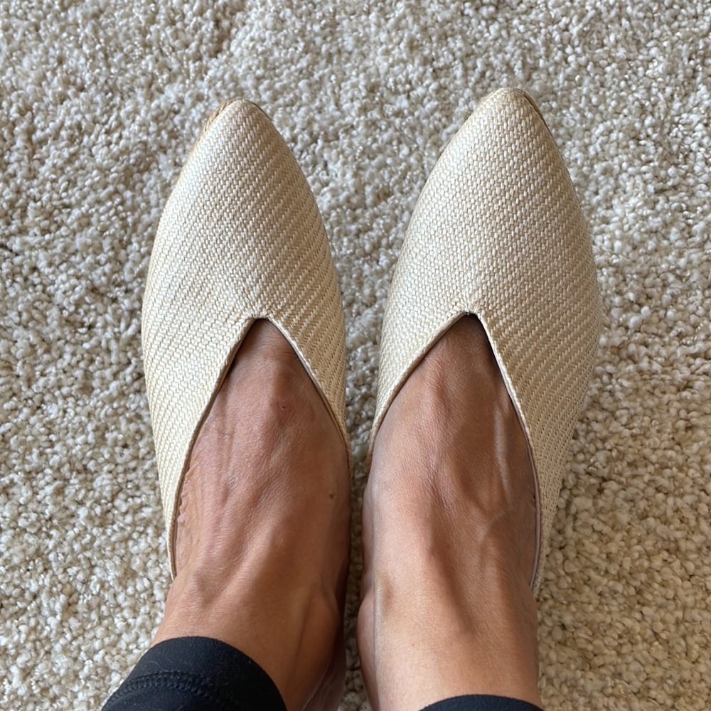 Eric michael mules, NWOB, woven raffia top, jute wedge, size 38 or 7.5